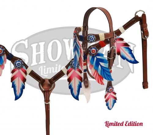LIMITED EDITION Red, White and Blue feather headstall and breast collar- LIMITED EDITION Red, White and Blue feather headstall and breast collar