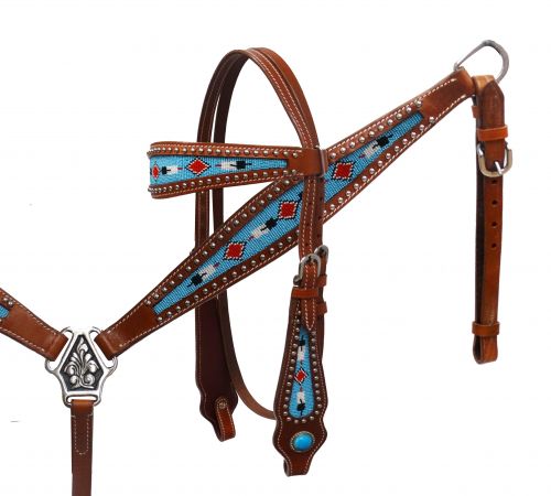 Headstall and breast collar set with beaded inlays- Headstall and breast collar set with beaded inlays