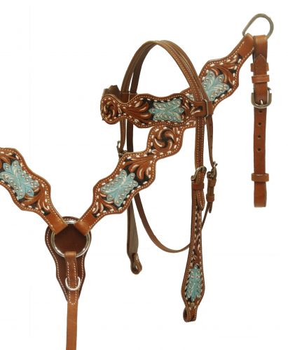 Painted filigree tooled headstall and breast collar set- Painted filigree tooled headstall and breast collar set