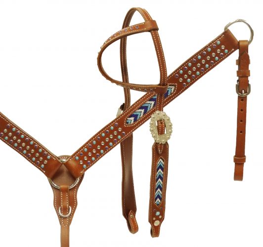 Single ear headstall and breast collar set with beaded inlays-Single ear headstall and breast collar set with beaded inlays