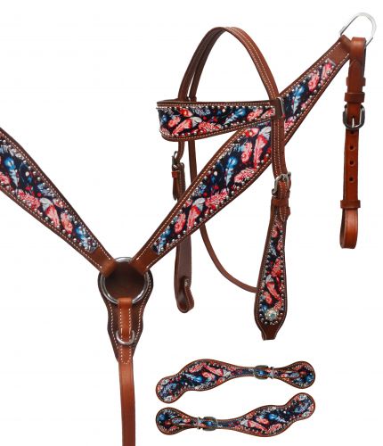 Feather print headstall and spur strap set- Feather print headstall and spur strap set