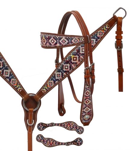 Navajo diamond print headstall and spur strap set-Navajo diamond print headstall and spur strap set