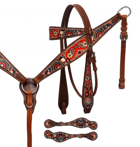 Paisley print headstall, breast collar and spur strap set- Paisley print headstall, breast collar and spur strap set
