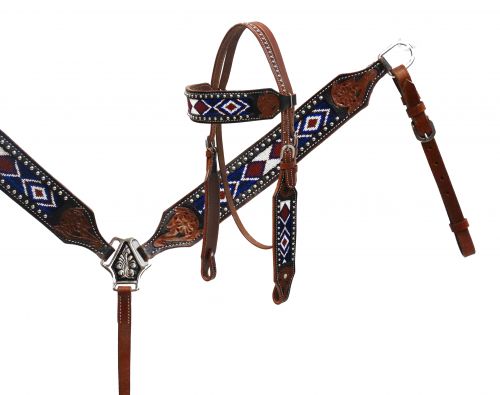 beaded inlay headstall and breast collar- beaded inlay headstall and breast collar