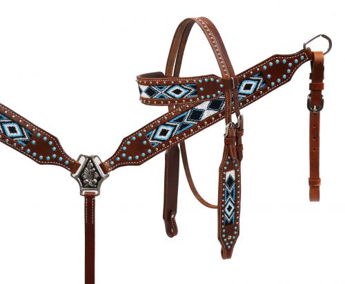 beaded inlay headstall and breast collar- beaded inlay headstall and breast collar