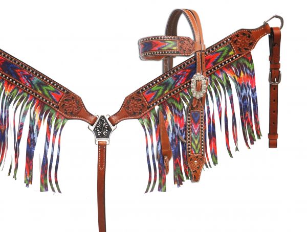 Brushed chevron headstall and breast collar set with fringe- Brushed chevron headstall and breast collar set with fringe