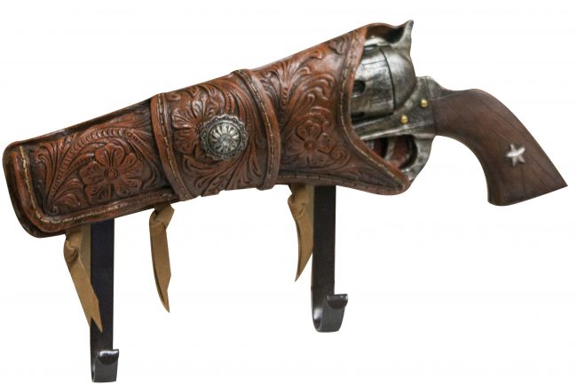 Two hook wall mount with gun in holster-Two hook wall mount with gun in holster