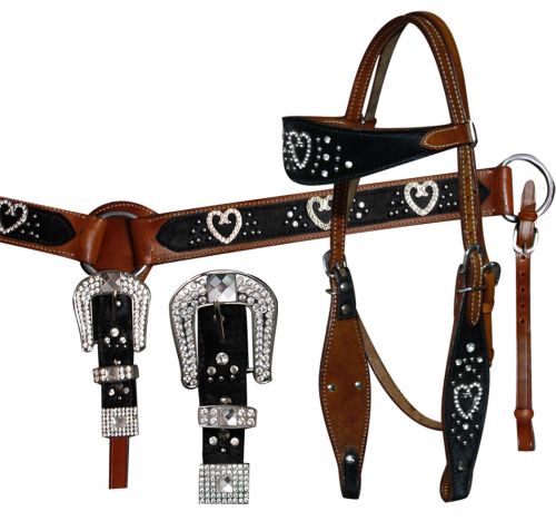 headstall and breast collar set featuring hair on cowhide and crystal rhinestone accented hearts-headstall and breast collar set featuring hair on cowhide and crystal rhinestone accented hearts
