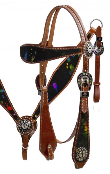 Double Stitched Leather Headstall and Breast Collar Set with Metallic Splash Hair on Cowhide- Doub1e Stitched Leather Headstall and Breast Collar Set with Metallic Splash Hair on Cowhide