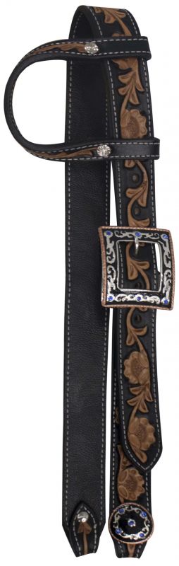 Black Leather Belt Headstall Floral Tooling-Black Leather Belt Headstall Floral Tooling