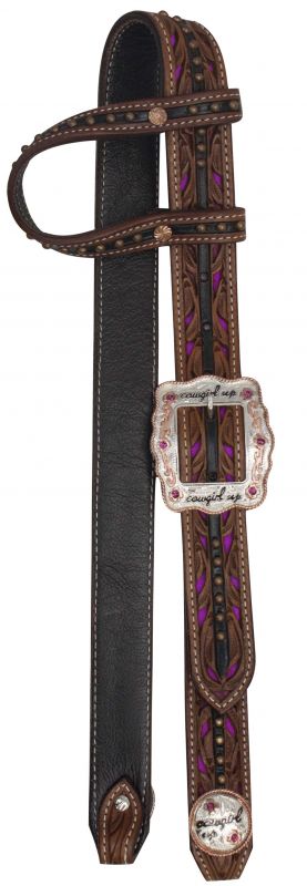 One Ear Belt Style Leather Headstall with " Cowgirl Up" Buckle and Conchos- One Ear Belt Style Leather Headstall with Cowgirl Up Buckle and Conchos