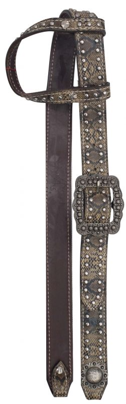 One Ear Belt Style Leather Headstall with snake print.-One Ear Belt Style Leather Headstall with snake print.