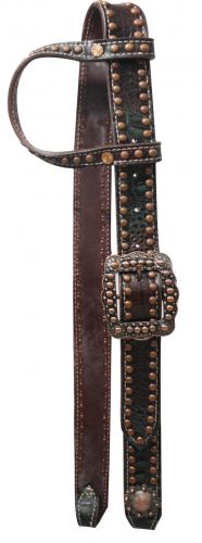 One Ear Belt Style Leather Dark Muliti Colored Alligator Print Bridle.-One Ear Belt Style Leather Dark Muliti Colored Alligator Print Bridle.