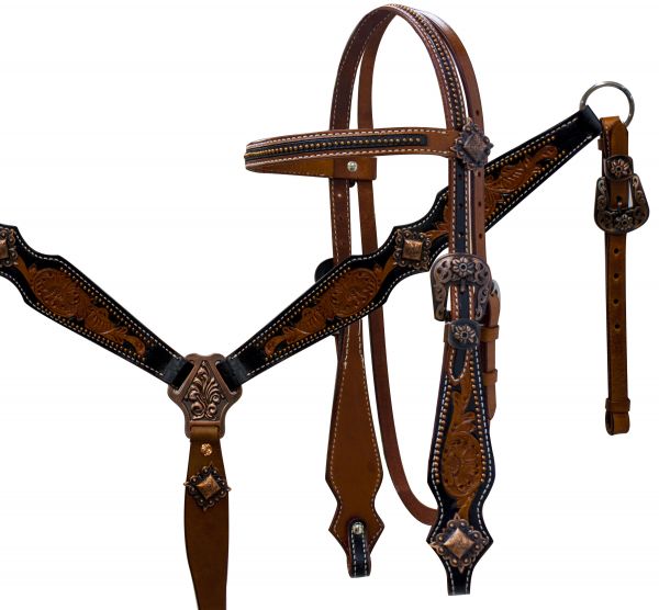 Double stitched medium leather headstall and breast collar set with brushed copper accents-Double stitched medium leather headstall and breast collar set with brushed copper accents