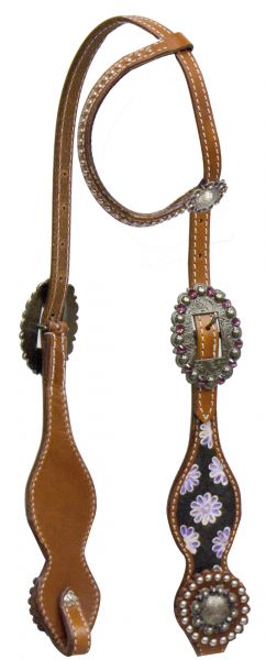 One ear headstall with purple daisy inlay on cheeks.-One ear headstall with purple daisy inlay on cheeks.
