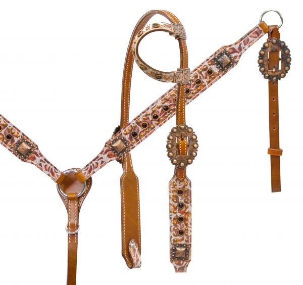 One ear headstall and breast collar set with burnt orange filigree print overlay- One ear headstall and breast collar set with burnt orange filigree print overlay