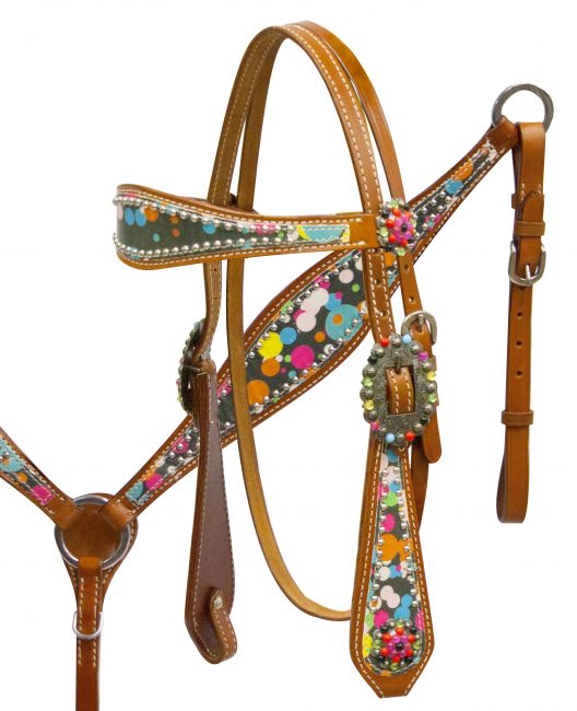 Headstall and breast collar set with polka dot overlay-Headstall and breast collar set with polka dot overlay