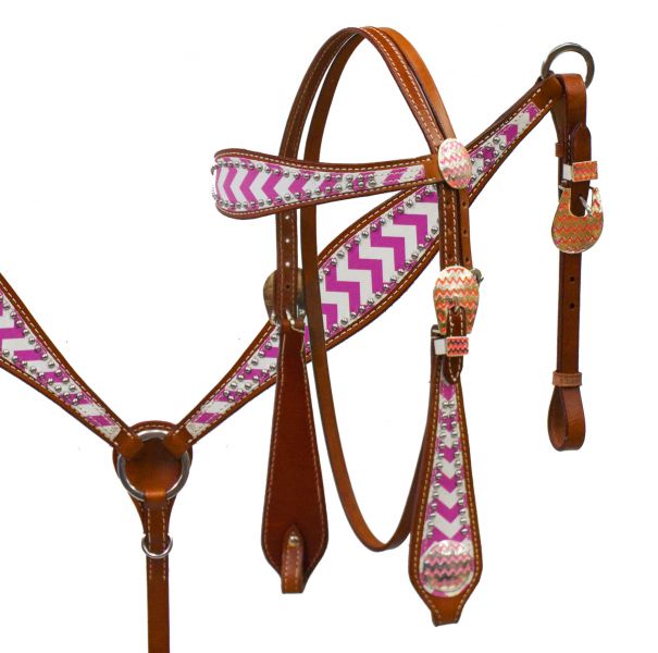 Chevron overlay headstall and breast collar set.-Chevron overlay headstall and breast collar set.