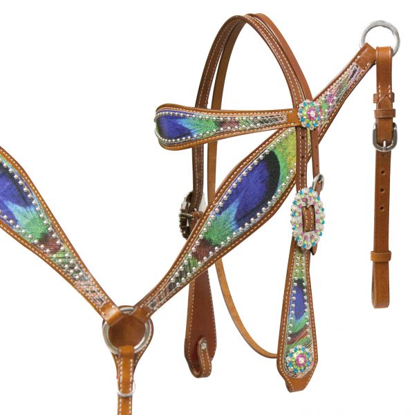Peacock feather headstall and breast collar set.- Peacock feather headstall and breast collar set.