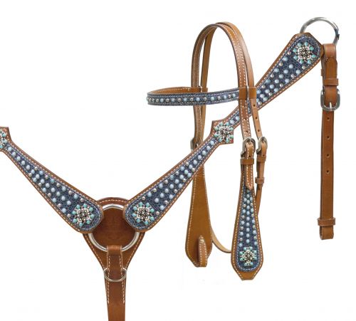 headstall and breast collar set with turquoise stone cross conchos and textured suede overlay.- headstall and breast collar set with turquoise stone cross conchos and textured suede overlay.