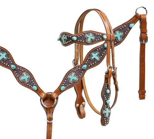 headstall and breast collar set with pink sting ray print overlay and turquoise stone cross conchos-headstall and breast collar set with pink sting ray print overlay and turquoise stone cross conchos