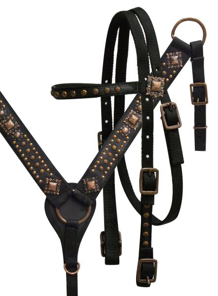 Horse size nylon headstall and breast collar set with antique bronze engraved conchos-Horse size nylon headstall and breast collar set with antique bronze engraved conchos