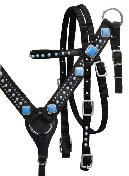 Horse size nylon headstall and breast collar set with turquoise stone conchos- Horse size nylon headstall and breast collar set with turquoise stone conchos