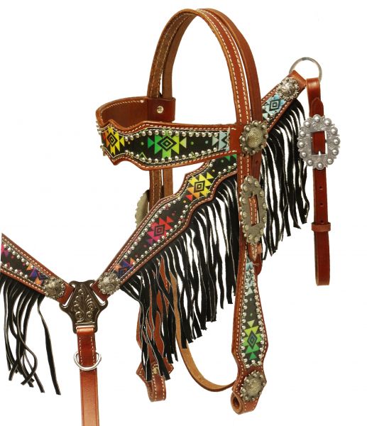 Navajo diamond design headstall and breast collar set with fringe-Navajo diamond design headstall and breast collar set with fringe