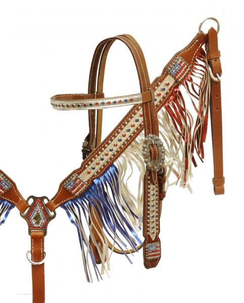 Patriotic metallic fringe headstall and breast collar set- Patriotic metallic fringe headstall and breast collar set