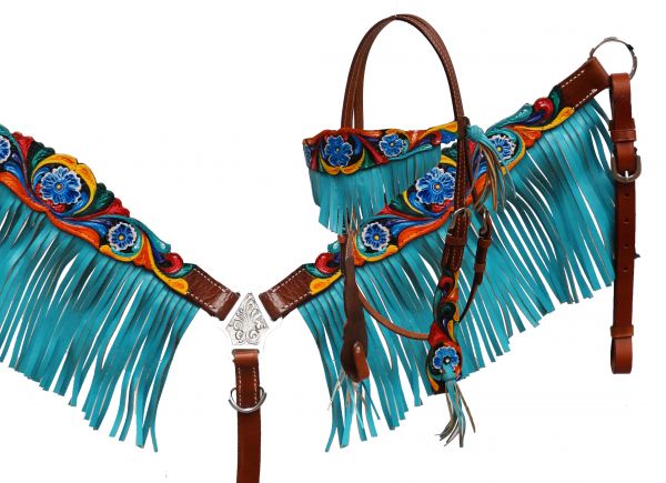 Headstall and breast collar set with teal fringe and hand painted floral tooling- Headstall and breast collar set with teal fringe and hand painted floral tooling