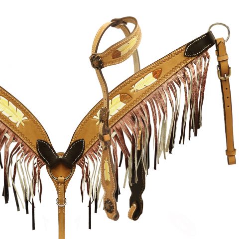 Hand painted feather design headstall and breast collar with ombre fringe-Hand painted feather design headstall and breast collar with ombre fringe