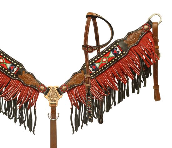 Two toned fringe headstall and breast collar with beaded inlay- Two toned fringe headstall and breast collar with beaded inlay