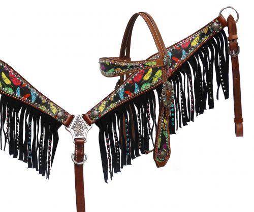 Feather print headstall and breast collar set-Feather print headstall and breast collar set