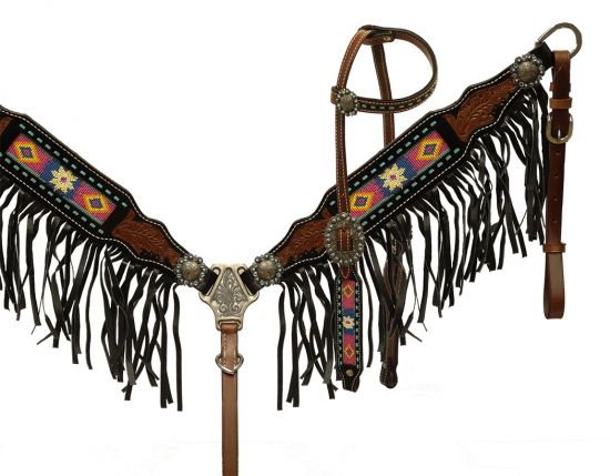 Beaded headstall and breast collar with black fringe- Beaded headstall and breast collar with black fringe