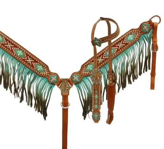 Ombre fringe headstall and breast collar set-Ombre fringe headstall and breast collar set