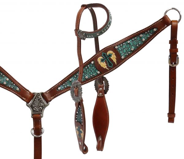 Single ear headstall and breast collar set with alligator print inlay and painted cross with wings-Single ear headstall and breast collar set with alligator print inlay and painted cross with wings