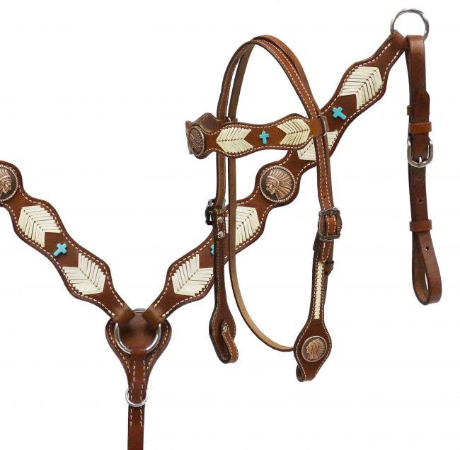 Native American Chief headstall and breast collar set with rawhide braiding-Native American Chief headstall and breast collar set with rawhide braiding