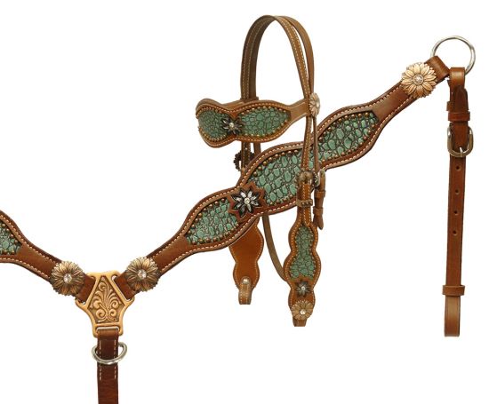 Alligator print inlay headstall and breast collar set- Alligator print inlay headstall and breast collar set