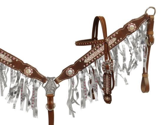 Crystal rhinestone Cowgirl Up fringe headstall and breast collar- Crystal rhinestone Cowgirl Up fringe headstall and breast collar