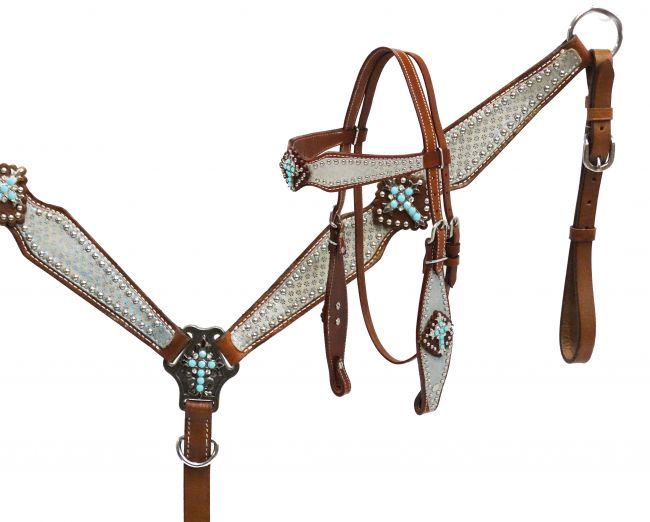 Metallic flower design headstall and breast collar set-Metallic flower design headstall and breast collar set