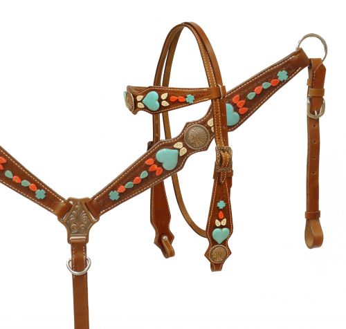 Native American Chief headstall and breast collar set with turquoise stone hearts-Native American Chief headstall and breast collar set with turquoise stone hearts
