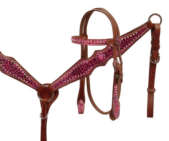 Pony size Pink cheetah print headstall and breast collar-Pony size Pink cheetah print headstall and breast collar