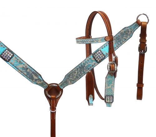 Pony size Metallic turquoise paisley headstall and breast collar set-Pony size Metallic turquoise paisley headstall and breast collar set