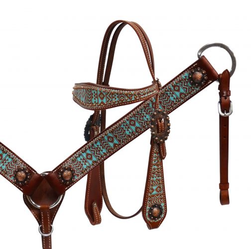 Teal and brown Navajo print headstall and breast collar set- Teal and brown Navajo print headstall and breast collar set