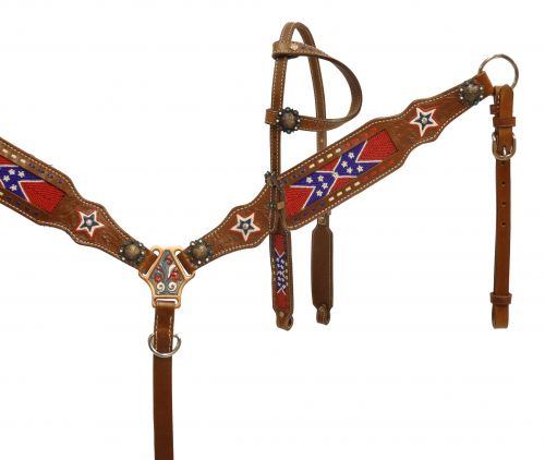 Single ear, beaded Rebel flag headstall and breast collar set- Single ear, beaded Rebel flag headstall and breast collar set