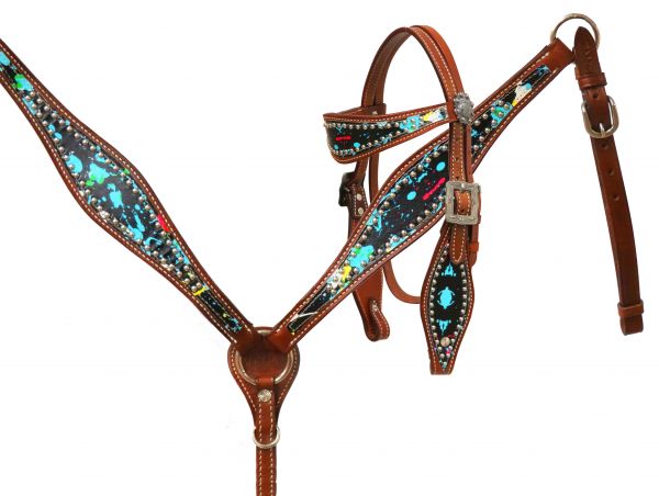 Paint splatter headstall and breast collar set-Paint splatter headstall and breast collar set