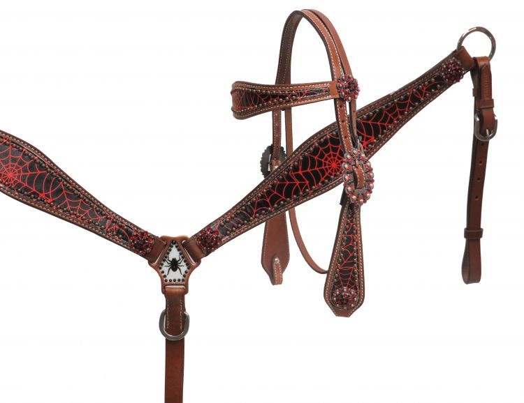 Red spider web headstall and breast collar set-Red spider web headstall and breast collar set