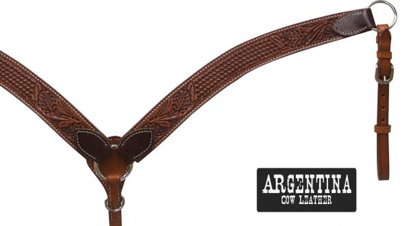 1 3/4" Argentina cow leather breast collar with floral and basket weave tooling-1 3/4 Argentina cow leather breast collar with floral and basket weave tooling