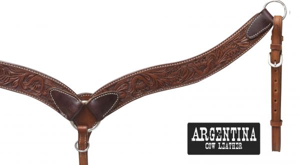 2 1/4" Argentina cow leather contoured breast collar with floral tooling-2 1/4 Argentina cow leather contoured breast collar with floral tooling
