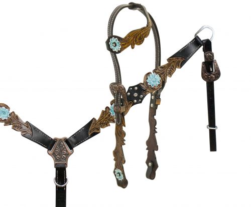 One ear headstall with cut out filigree tooling accented teal painted tooled flower- One ear headstall with cut out filigree tooling accented teal painted tooled flower
